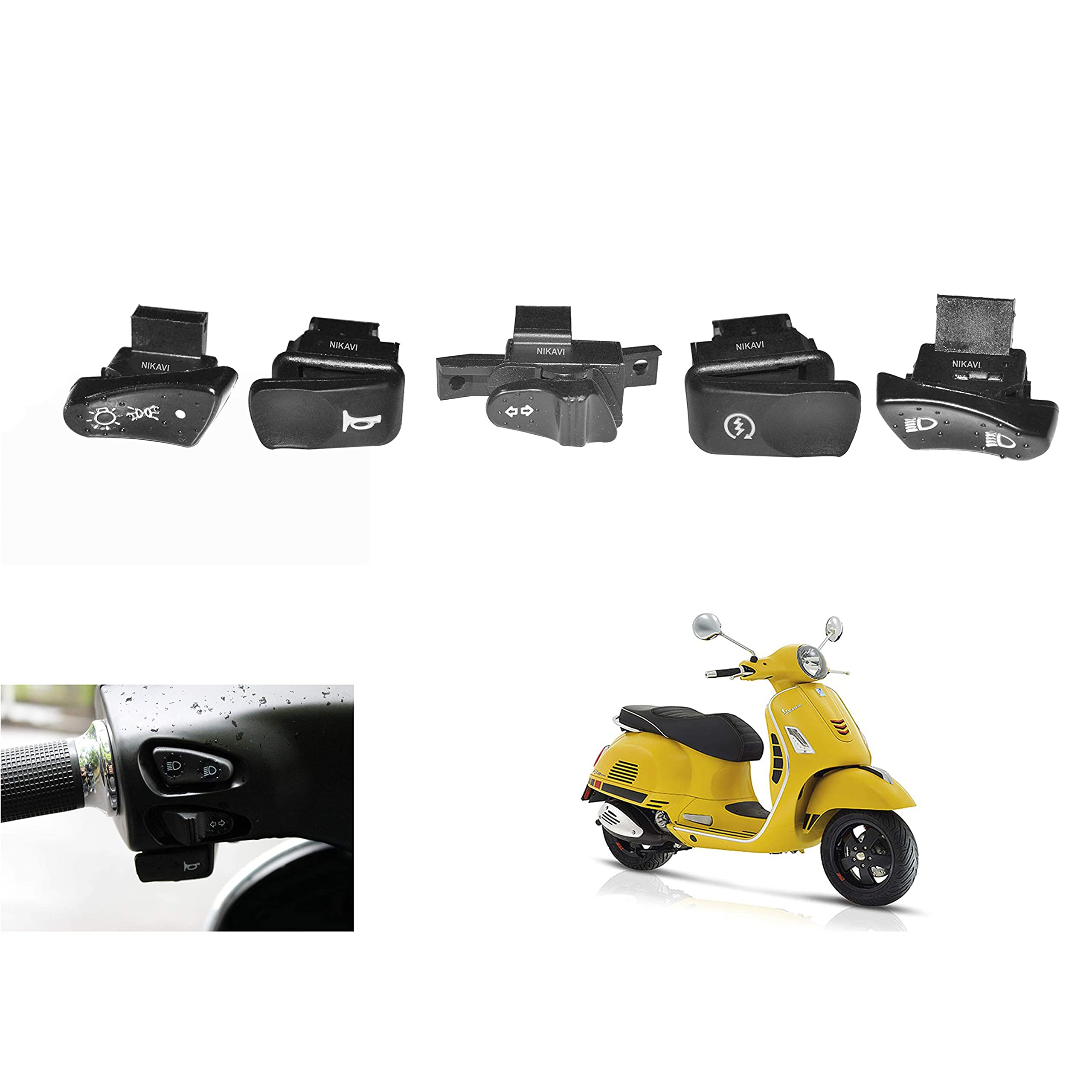 NIKAVI MS14 Vespa Electric Bike Switch Set 5-in-1 – Horn, Headlight, Self Start, Turn Signal, Passing Light – Waterproof Handlebar Switches, ABS Plastic, 12V DC