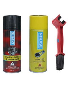 NIKAVI CL + CC+ BCA13 Chain Lube Grease Spray 400 ml and Chain Cleaner Degreaser 400 ml and Chain Cleaning Brush Red (Pack of 3)